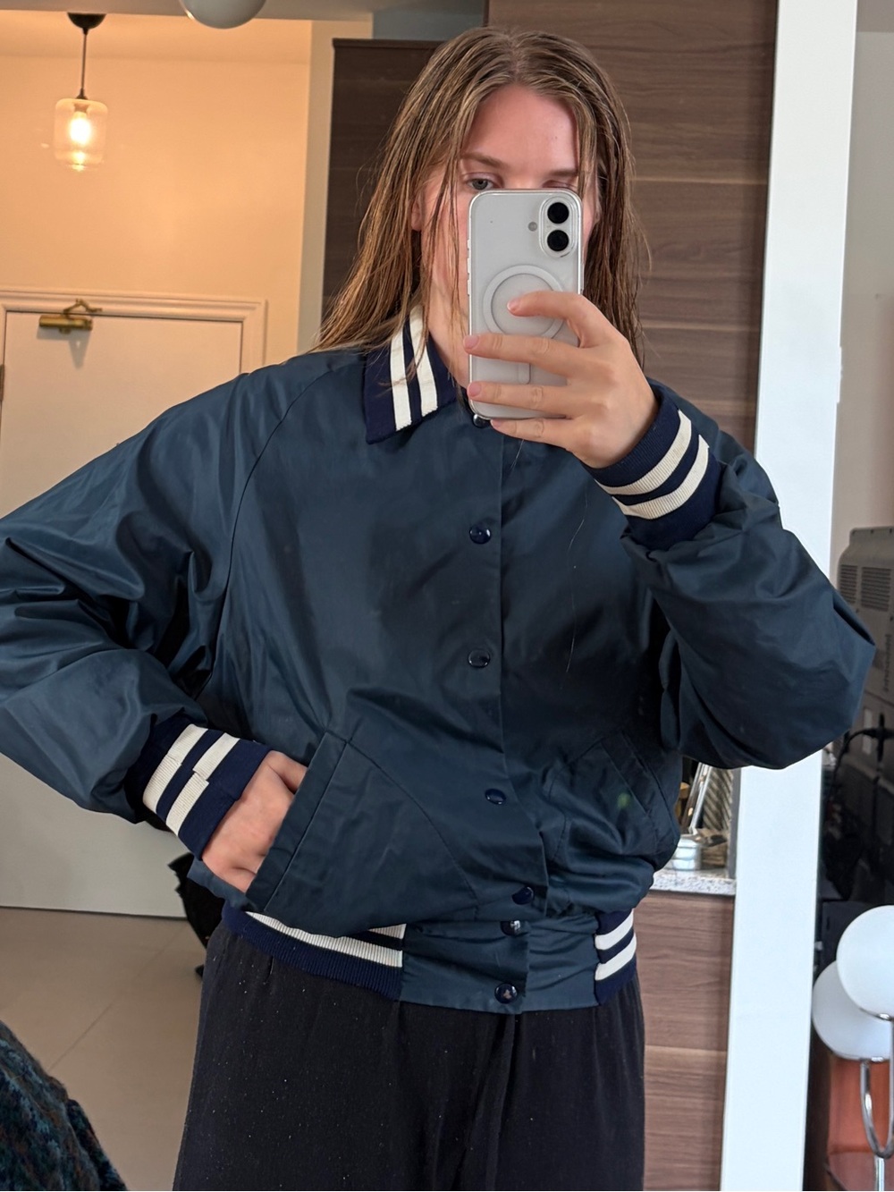 Vintage 80s Don Alleson Athletic Nylon Varsity Bomber Jacket FED Navy M